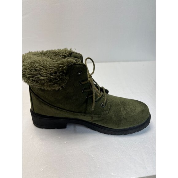 Womens Modern Rebel Olive Faux Suede Ankle Boots With Faux Fur Lining &‎ Lace-Up - Picture 8 of 14